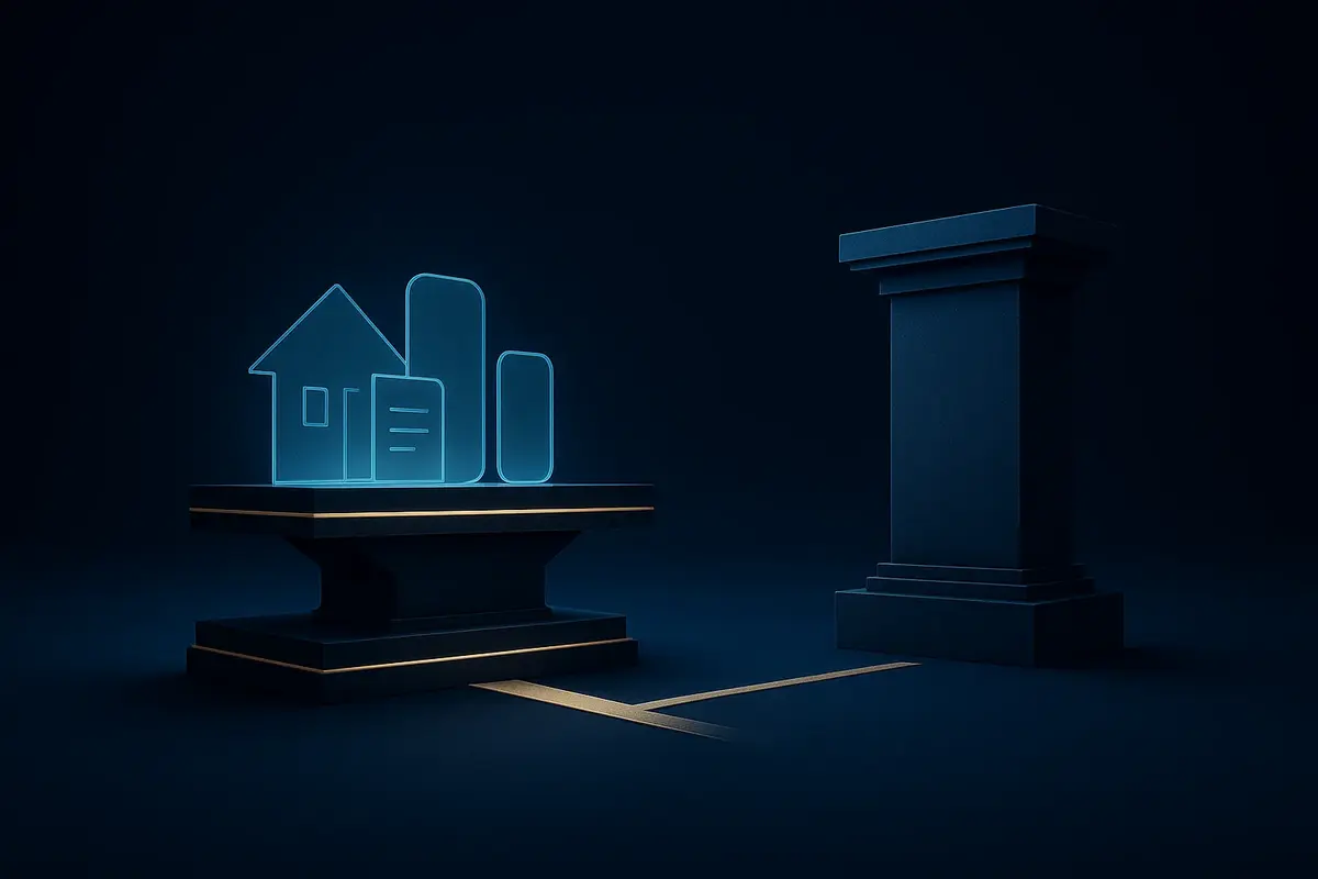 Cinematic abstract illustration showing a diversified collateral pool supporting a secured private-credit structure beside a single corporate pillar representing direct lending.