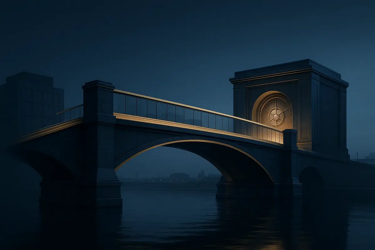 Cinematic navy bridge representing a privately negotiated direct lending loan connecting a business with secured private credit capital.