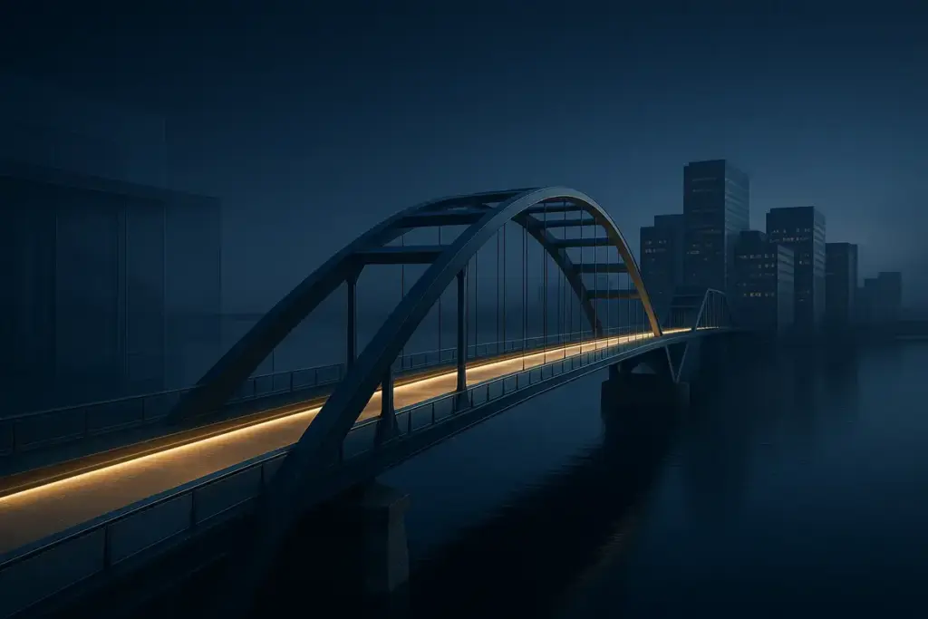 Cinematic bridge visualizing private credit capital moving from institutional investors to a middle-market business district