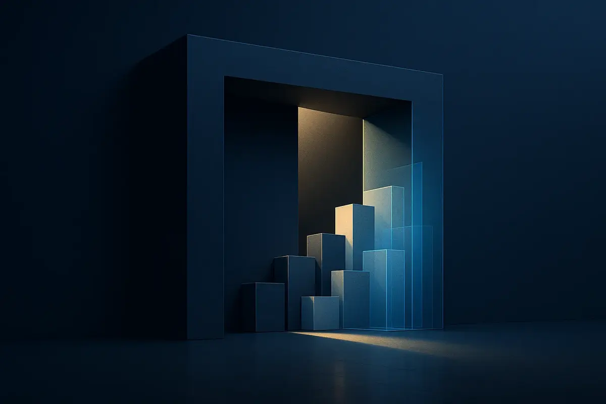 Cinematic navy architectural aperture with pale-gold light revealing abstract lending structures, symbolizing the visibility gap in private credit direct lending.