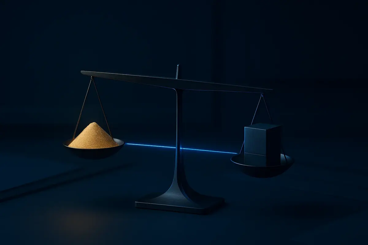 Abstract balance scale representing the push and pull between private credit dry powder and private equity financing demand in direct lending.