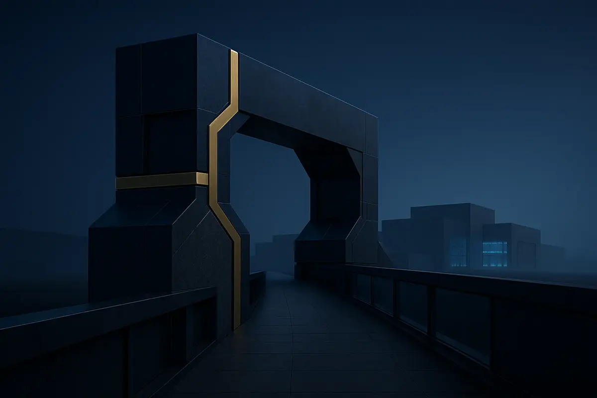 A bespoke navy and gold bridge-like structure leads toward a softly illuminated data-center campus, symbolizing flexible private credit financing for infrastructure growth.