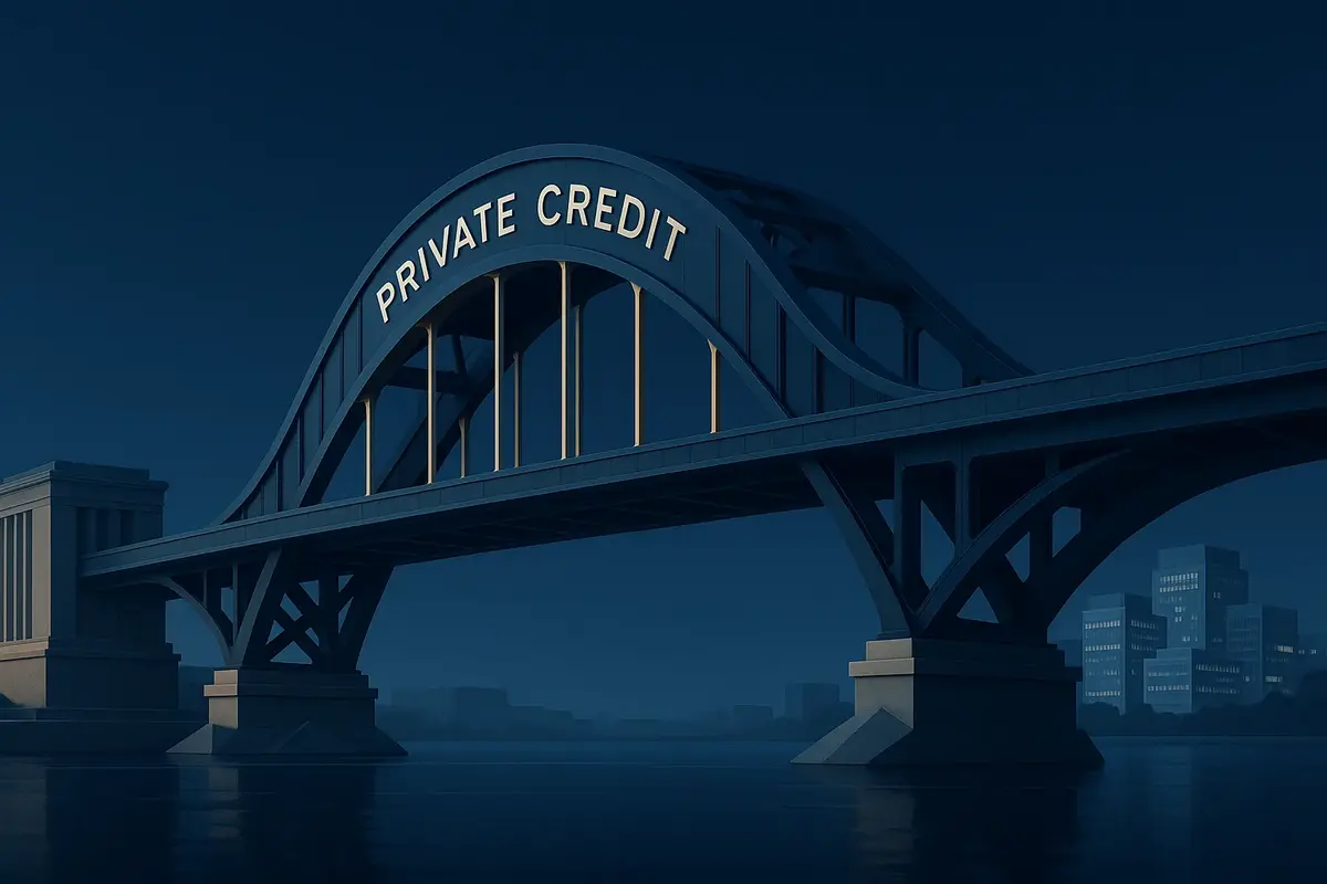 A dark navy architectural bridge with pale-gold lighting connects institutional capital with a modern business district, symbolizing private credit financing.