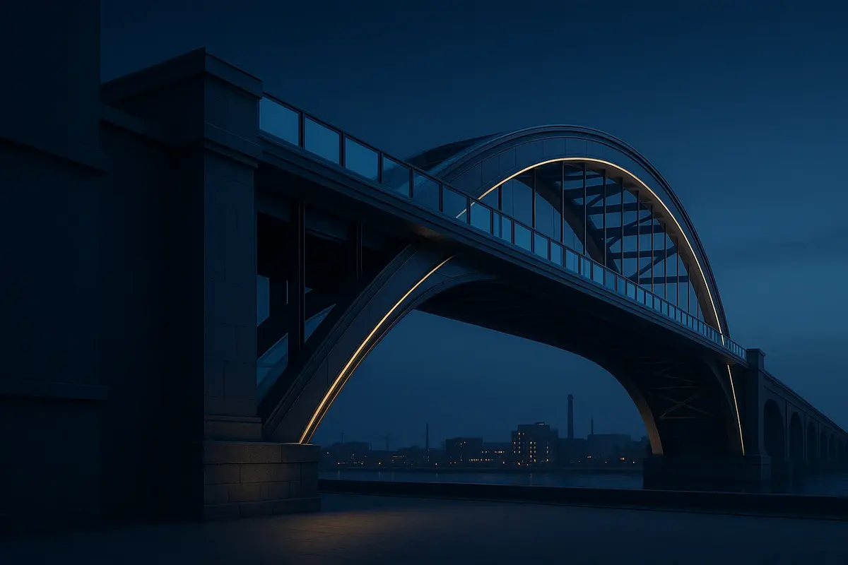 Cinematic architectural bridge symbolizing private credit firms connecting institutional capital with middle-market businesses.