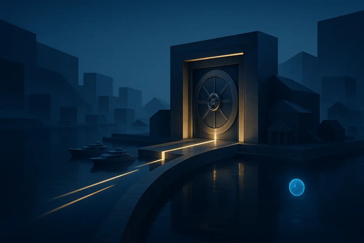 Cinematic abstract harbor with a gated institutional credit structure, controlled liquidity channels and a small glowing digital sphere representing tokenized private credit.