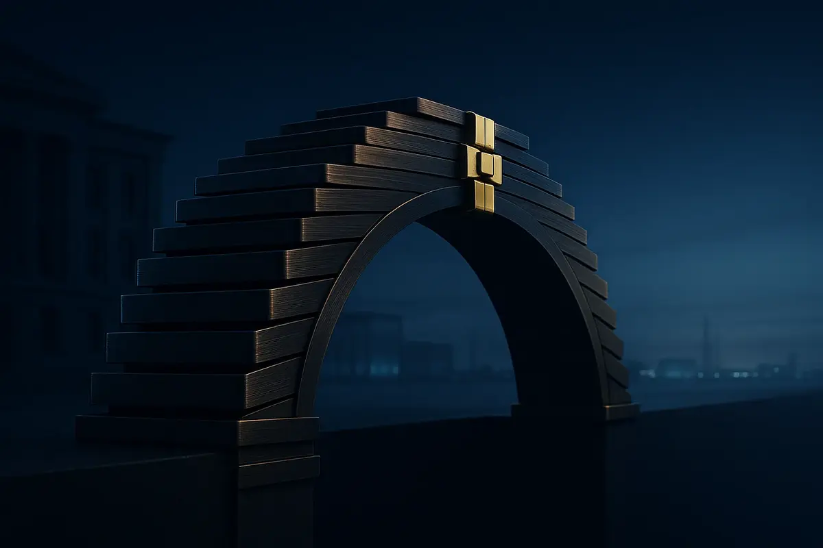 Cinematic illustration of a gold-jointed private credit bridge connecting receding bank architecture with an illuminated infrastructure horizon.