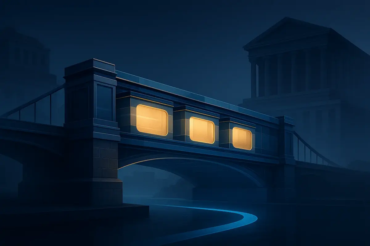 Cinematic abstract bridge representing private credit capital moving from traditional banking channels into institutional lending markets, with glowing reserves symbolizing dry powder.