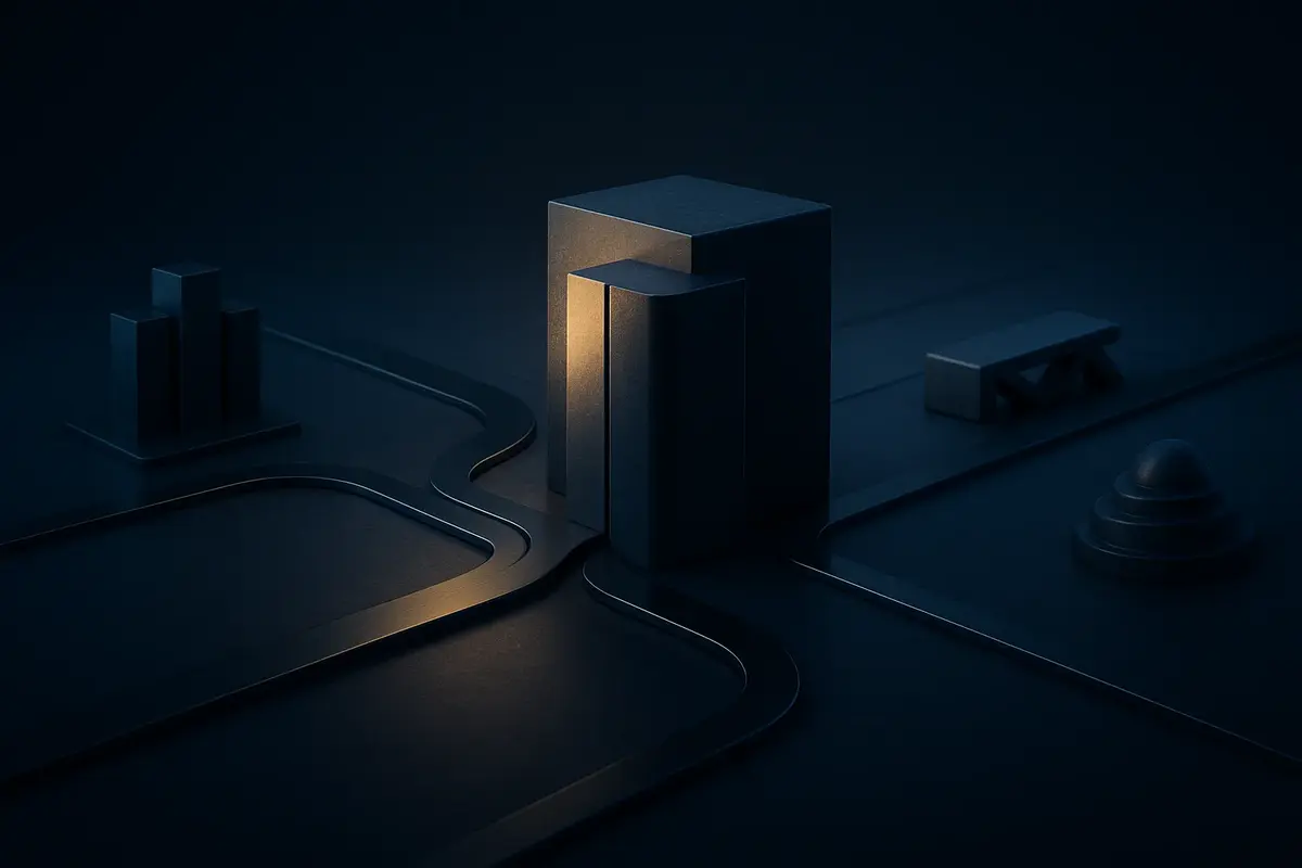 Cinematic abstract representation of the private credit landscape with a central secured lending hub and illuminated pathways to diverse financing strategies.