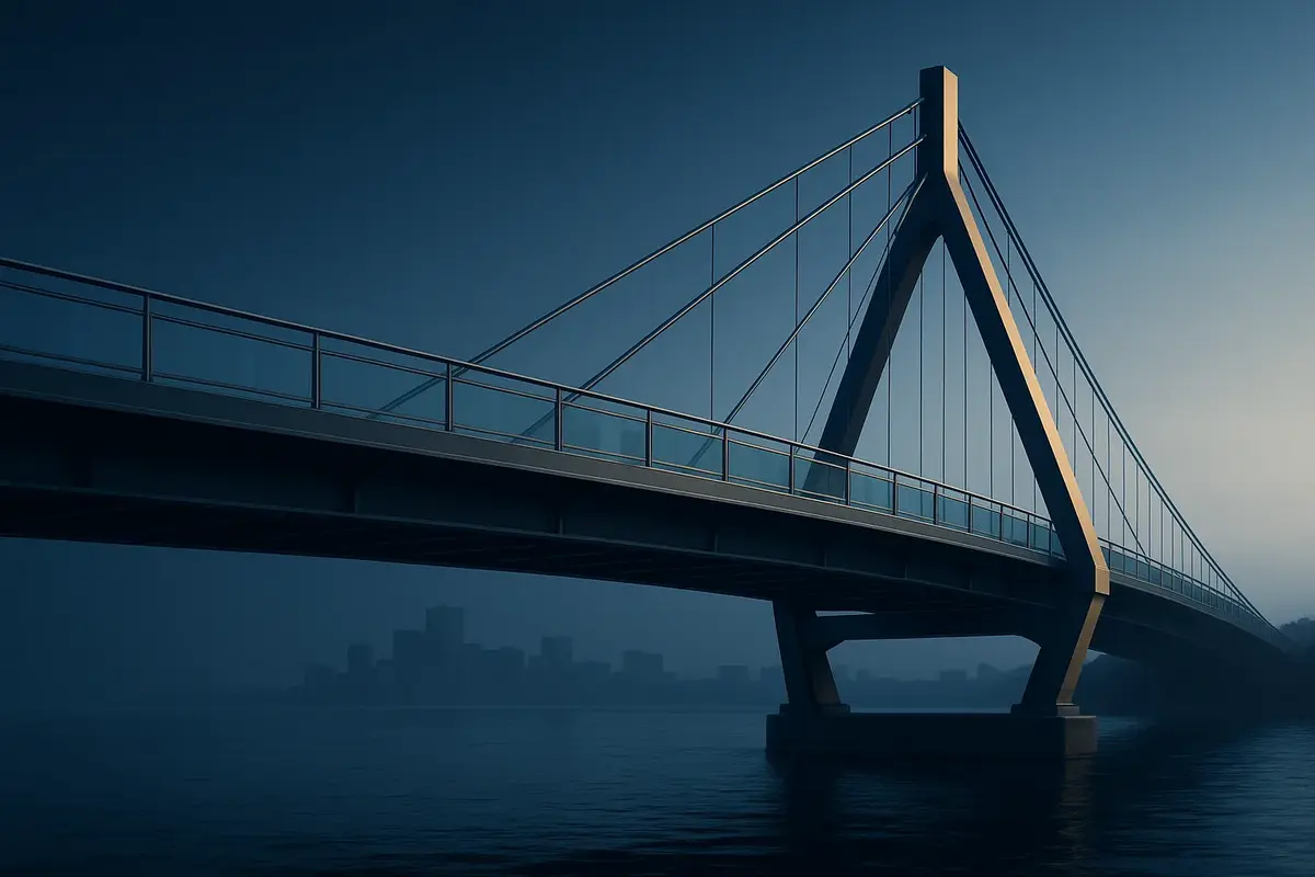 Cinematic dark navy bridge with pale-gold structural supports representing negotiated private credit and institutional lending protections.