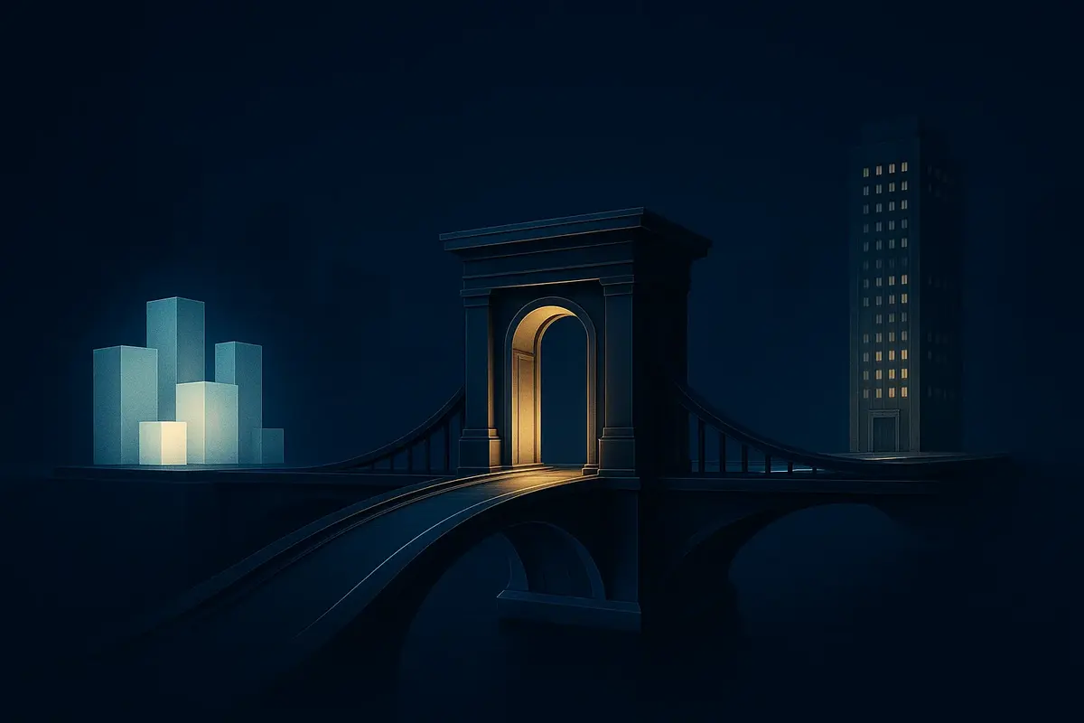 Cinematic bridge-like capital pathway illustrating how private credit funds connect investor capital with a corporate borrower through direct negotiated lending.