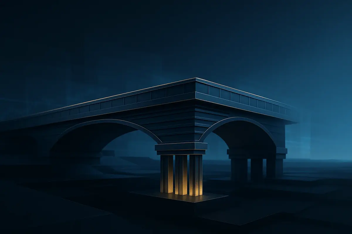 A cinematic navy bridge with gold-lit supports symbolizes the connected growth and evolving structure of private credit.