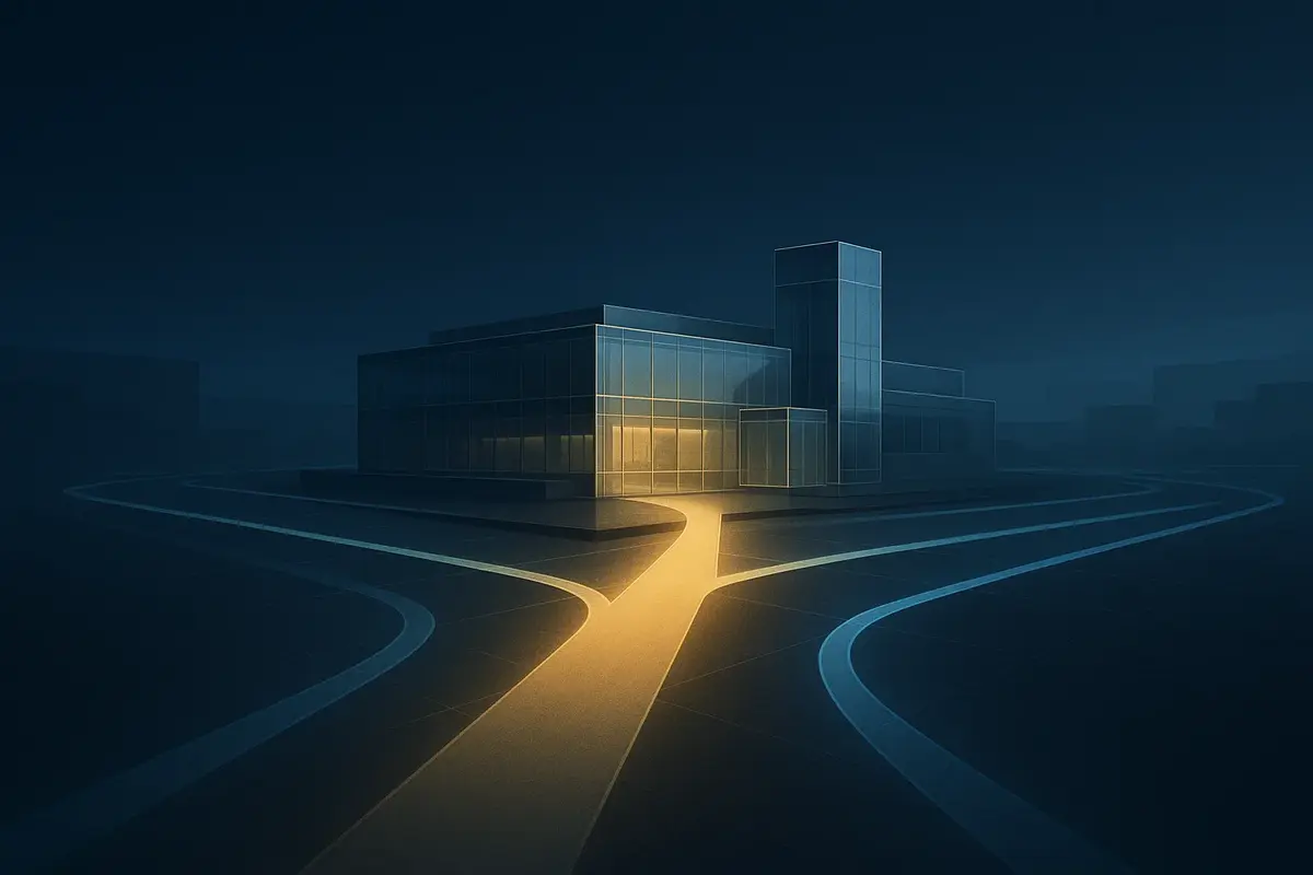 Abstract glass campus structure with branching illuminated pathways representing strategic higher-education market research and scenario planning.