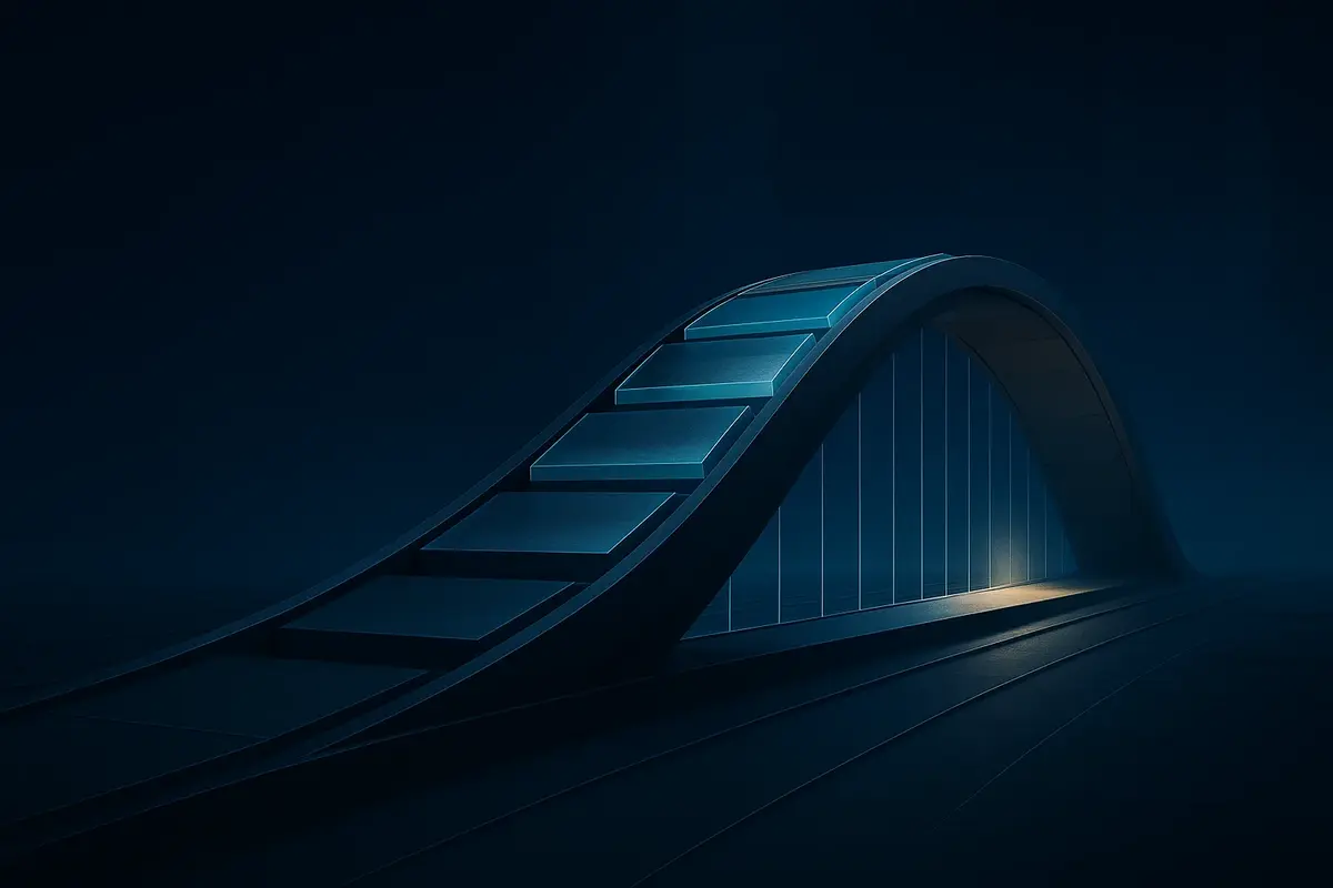 Cinematic architectural bridge of layered glass and metal pathways representing governed evidence and scenario-based research for private credit investment decisions.