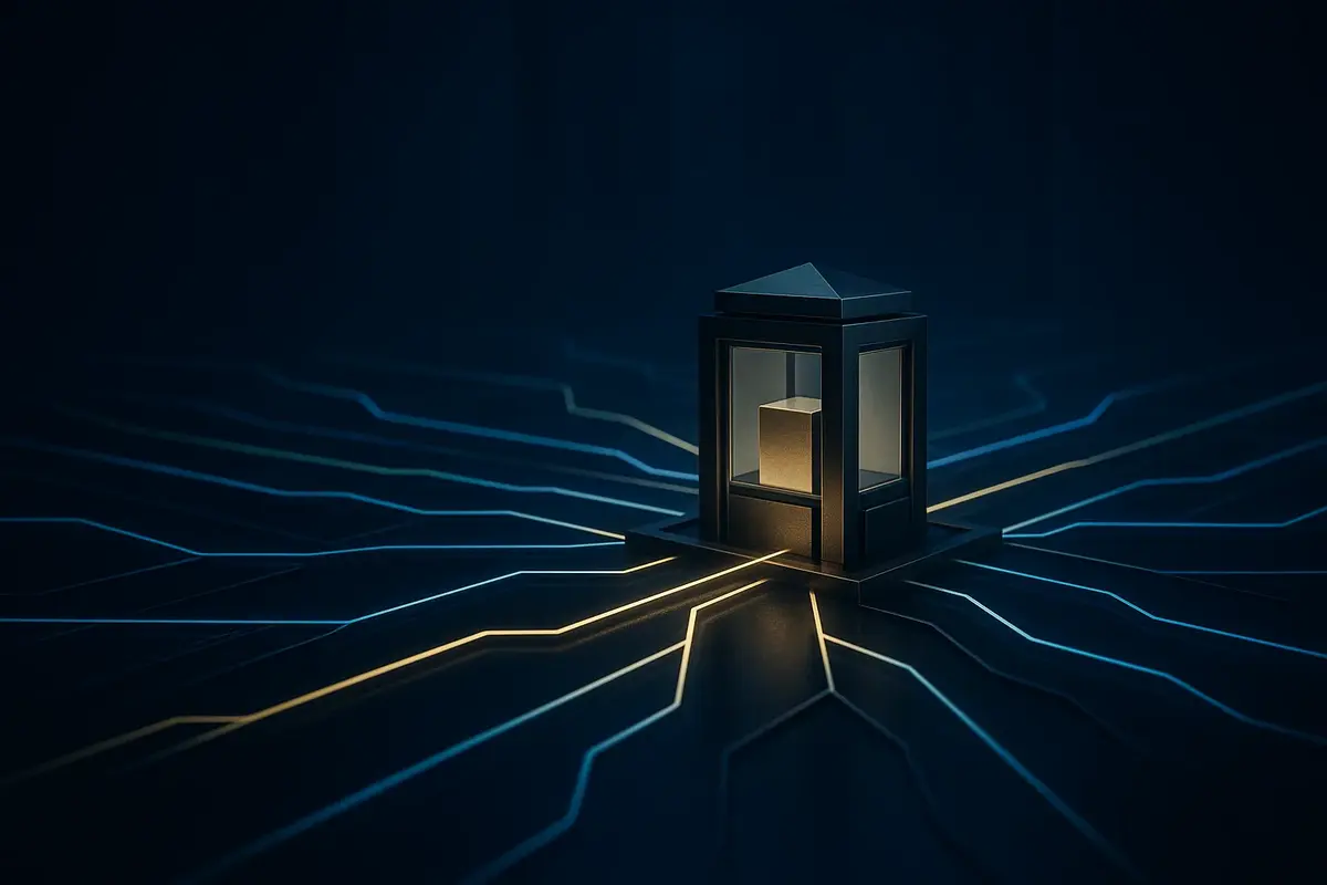 Abstract illuminated scenario lattice converging on a central structure in a deep navy institutional finance setting.