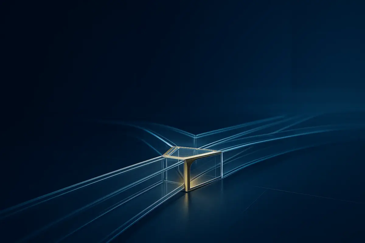 Translucent institutional decision pathway branching across multiple scenarios in a deep navy financial environment.